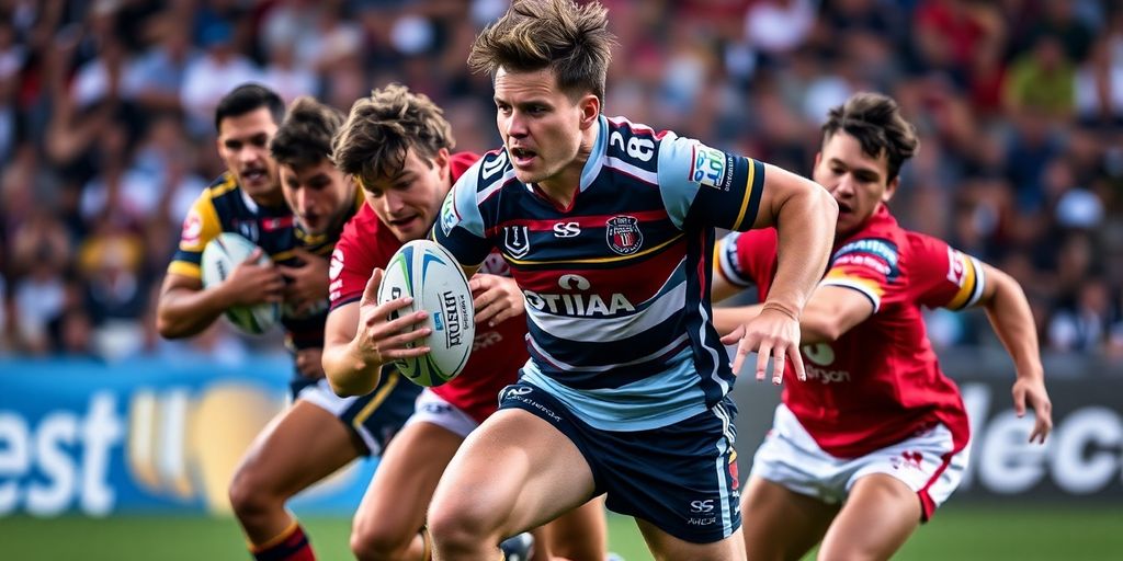 Rugby players in action during a State of Origin match.