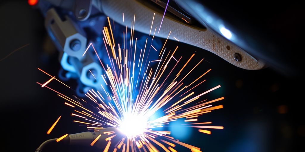 Welding machine with sparks and bright light.