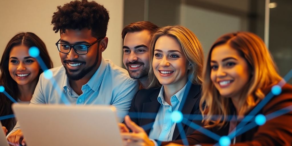 Person networking online, professional, stylized, bright.