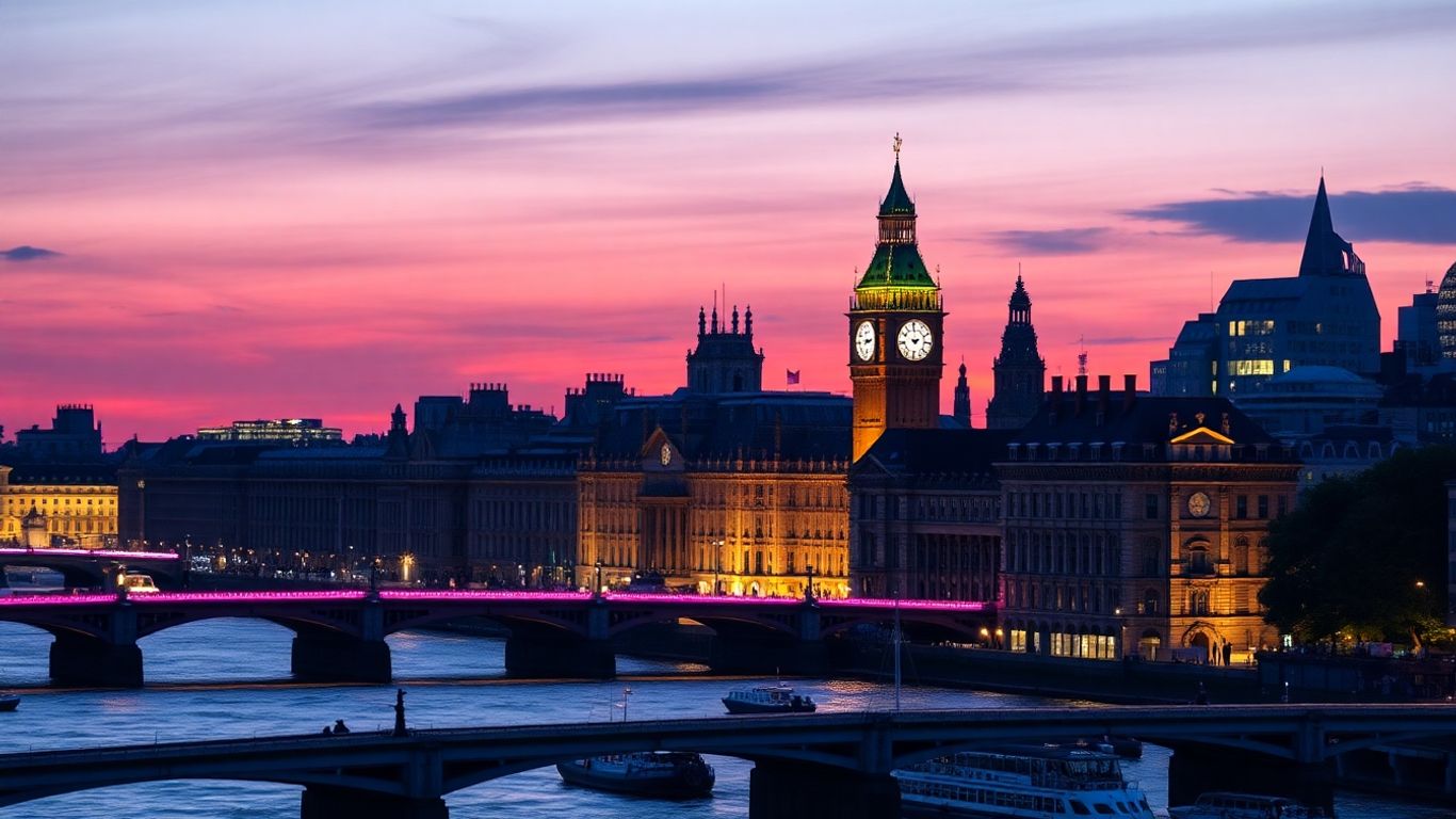London cityscape at dusk with illuminated landmarks.