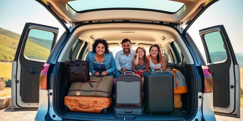 Family unloading luggage from a 7-seater rental car.