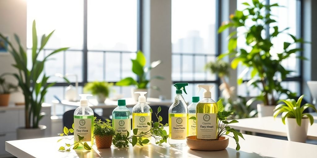 Eco-friendly cleaning products in a bright office setting.