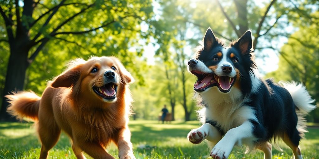 Two dogs playing fetch in a sunny park.