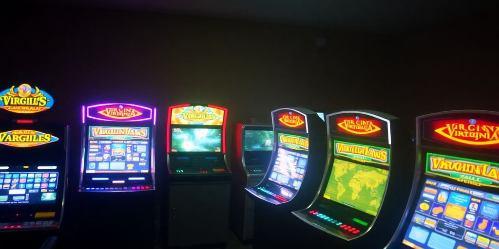 Virginia skill game machines in a dimly lit establishment.