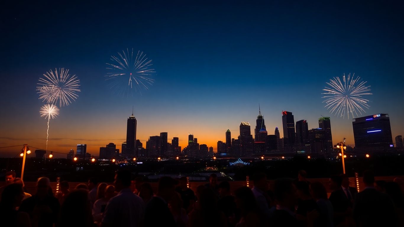 Dallas skyline with fireworks and outdoor party.