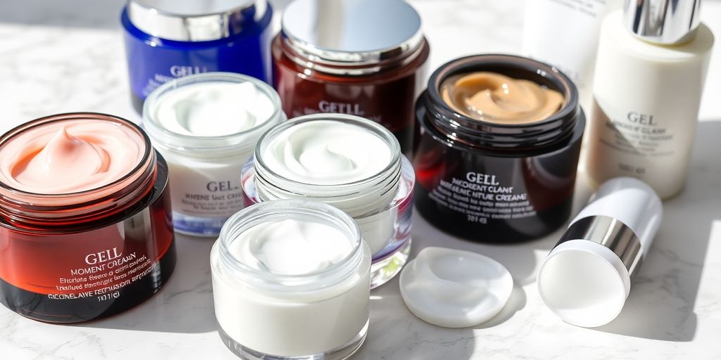 Various skincare creams in different textures on marble surface.