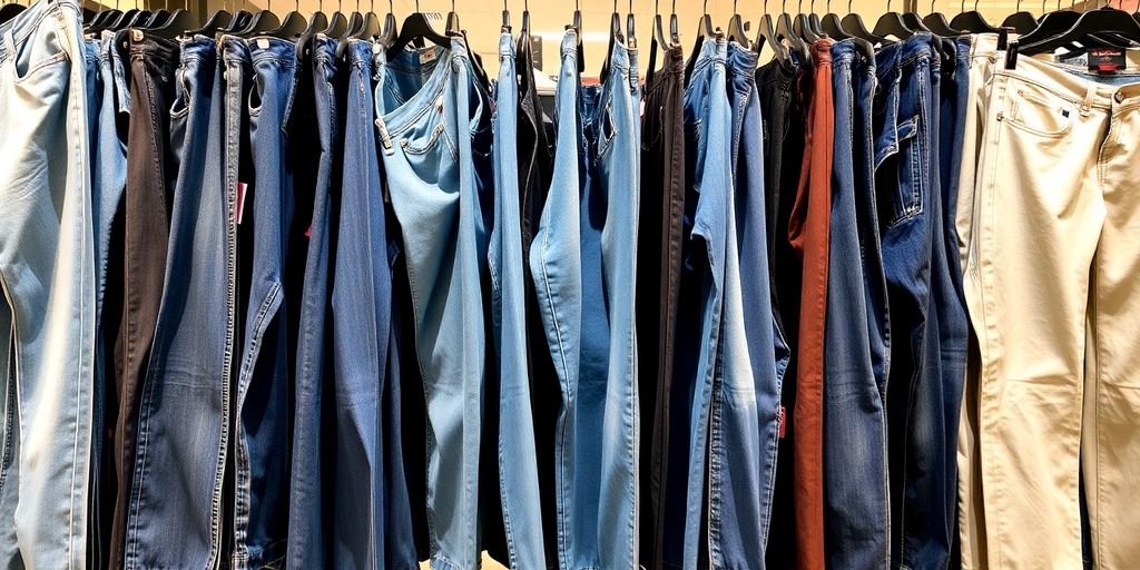 A variety of jeans styles hanging in a store.