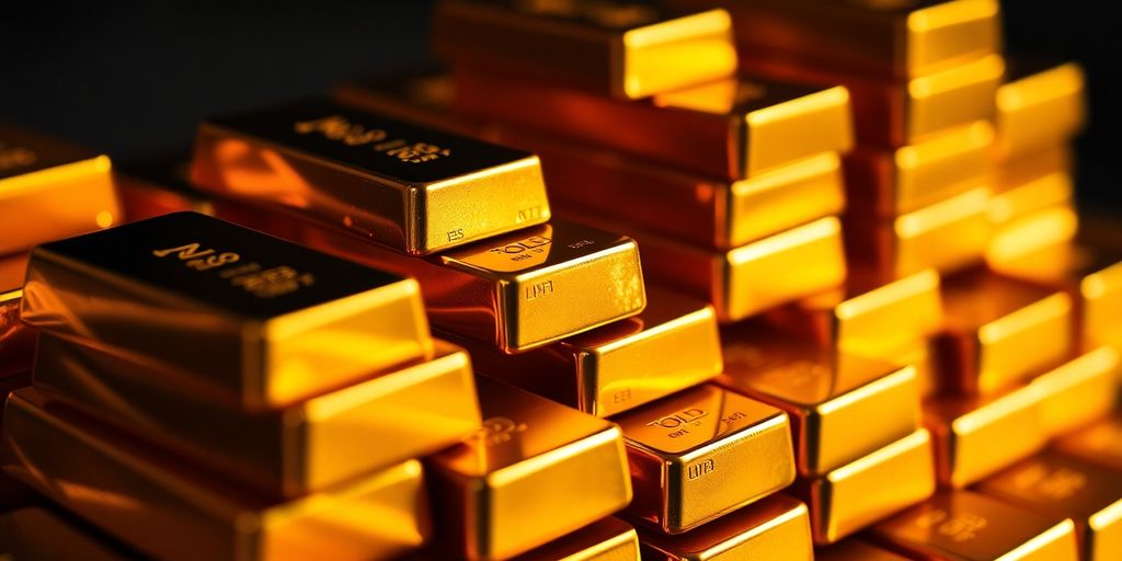 Barres d'or empilées avec un fond sombre.