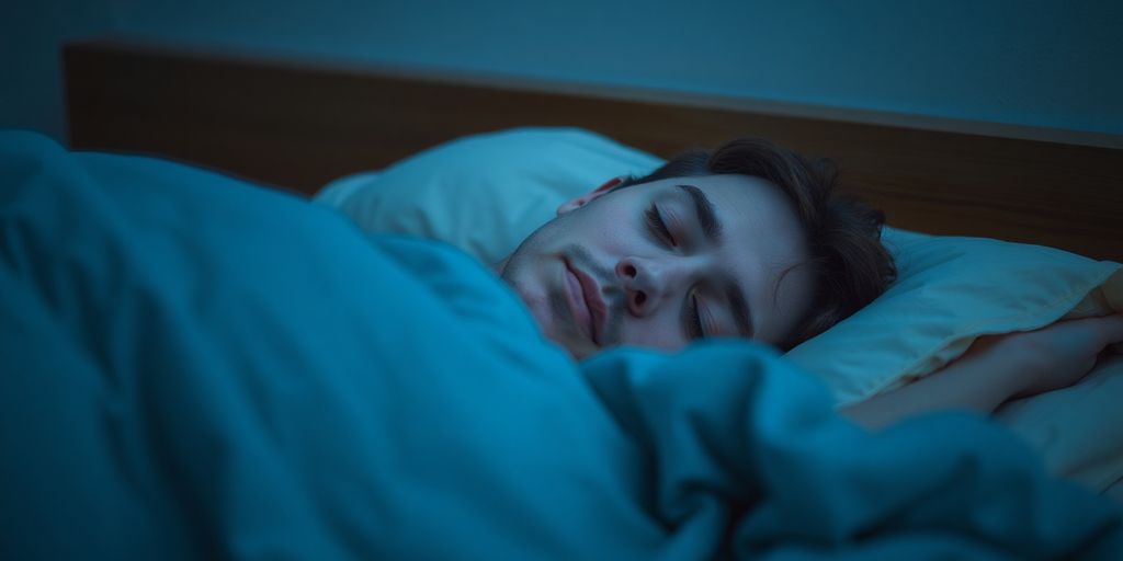 Person sleeping peacefully in a dimly lit room.