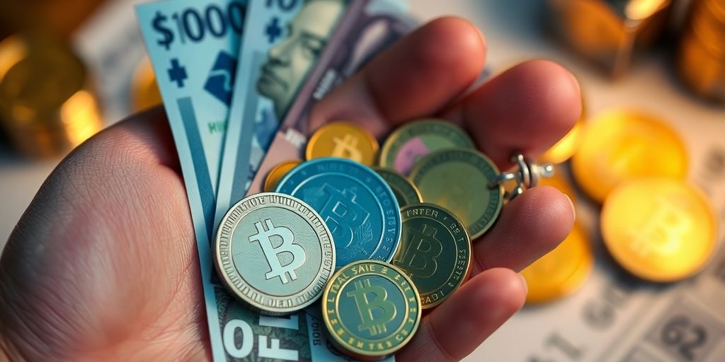 Hand holding stablecoins in a financial setting.