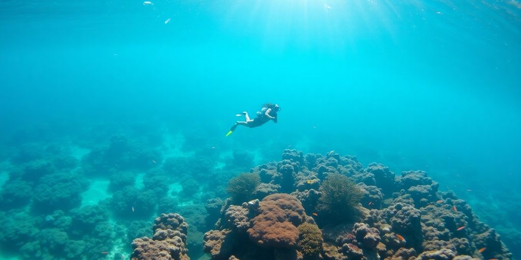 Snorkelers explore vibrant coral reef in clear blue water.