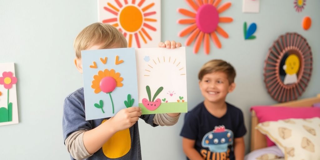 Children proudly displaying colorful, unique personalized wall art.