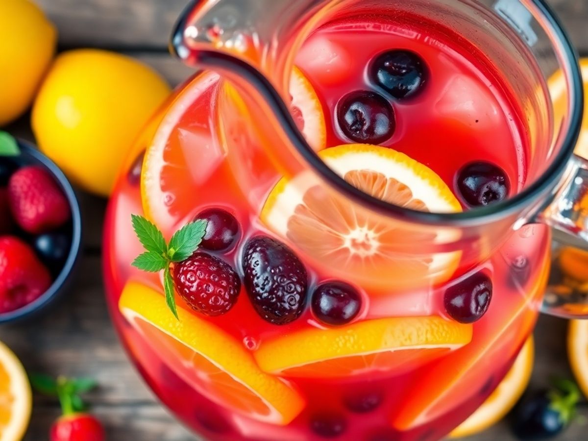 Fargerik sangria med frukt i en glasskanne.