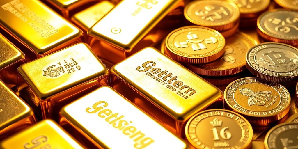 Lingots et pièces d'or brillant sous une lumière éclatante.