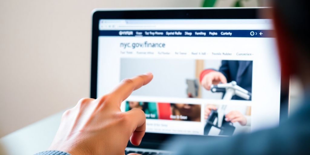 Laptop screen displaying NYC finance website with person.