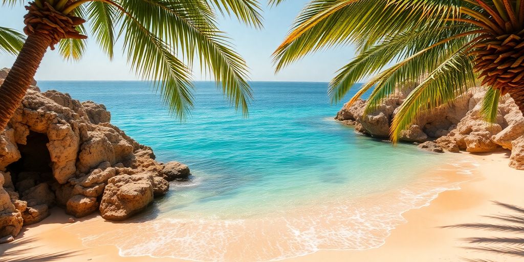 Hidden beach cove with turquoise water and palm trees.
