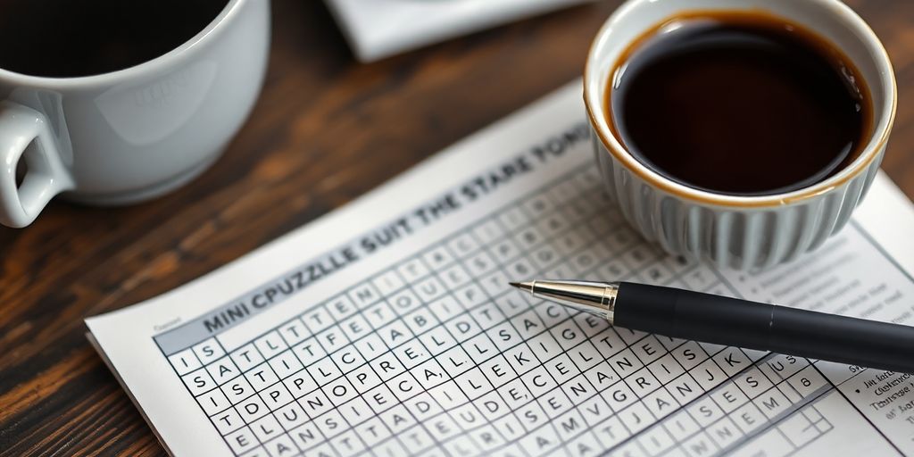Completed crossword puzzle with a pen and coffee.