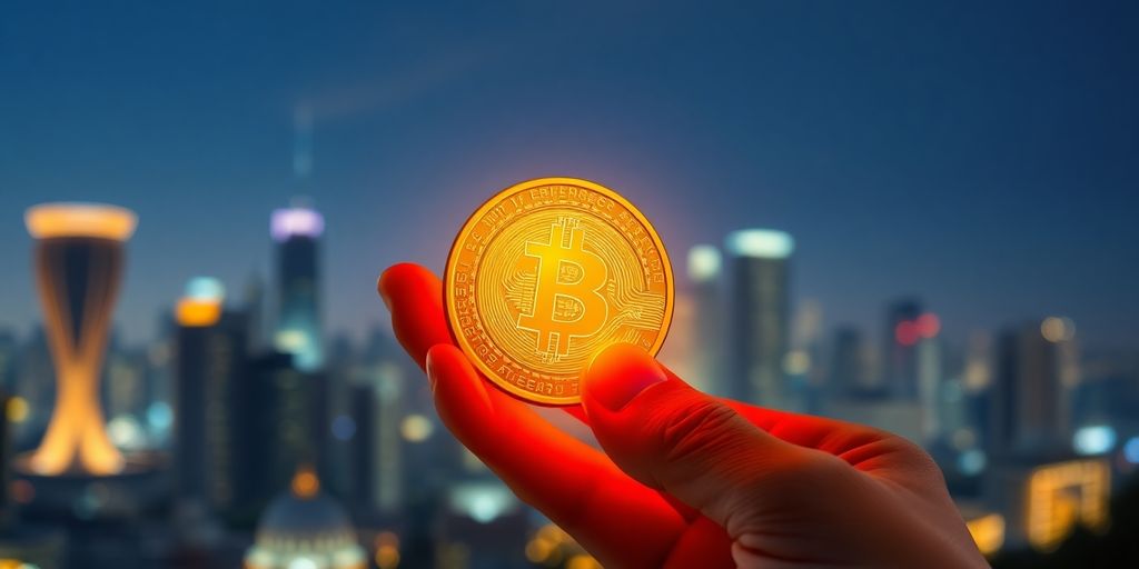 Hand holding a glowing gold coin against city backdrop.