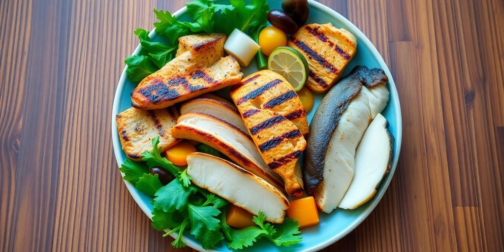 Plate of grilled chicken, fish, and fresh salad.