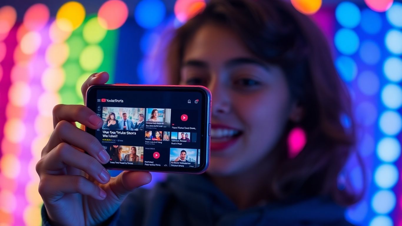 Person watching YouTube Shorts on smartphone with bright lights.