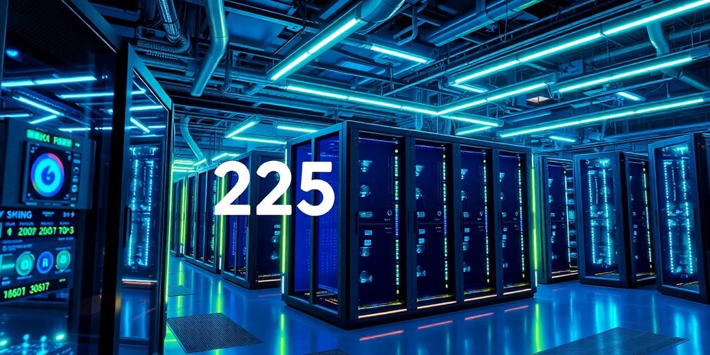 Futuristic crypto mining facility with advanced technology and lighting.