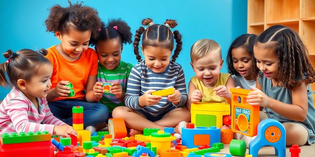 Bambini felici con giocattoli educativi colorati.