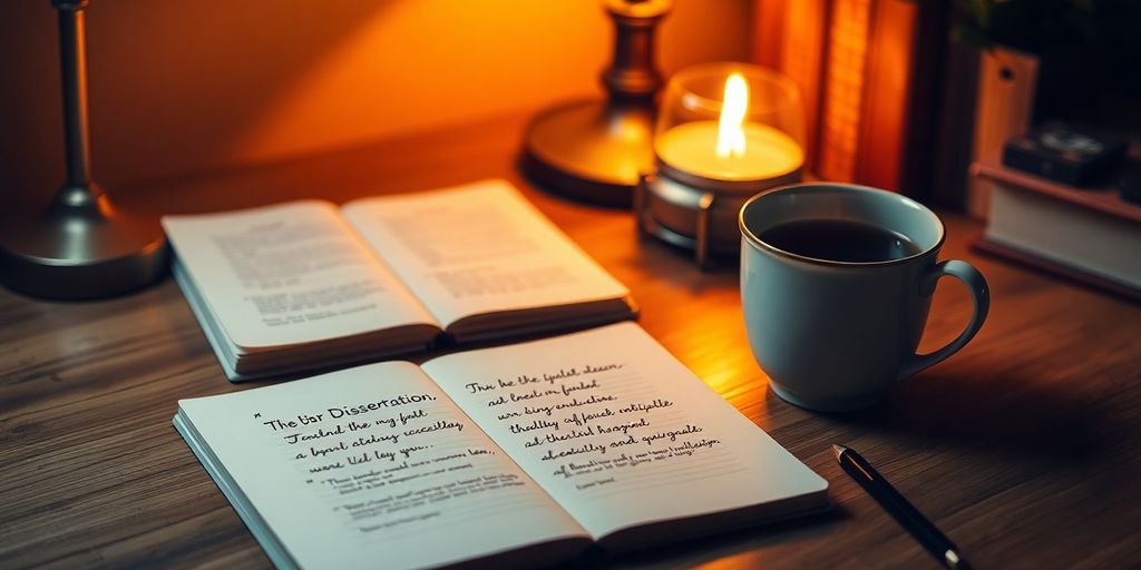 Cozy desk with notebook and cup of tea.
