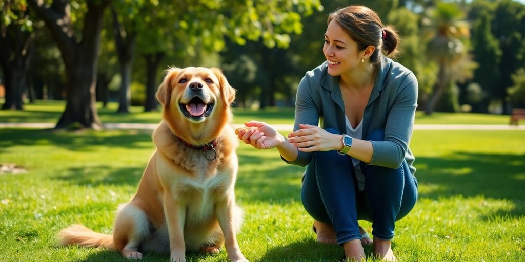 Happy dog receiving treat from owner in Vaucluse park.