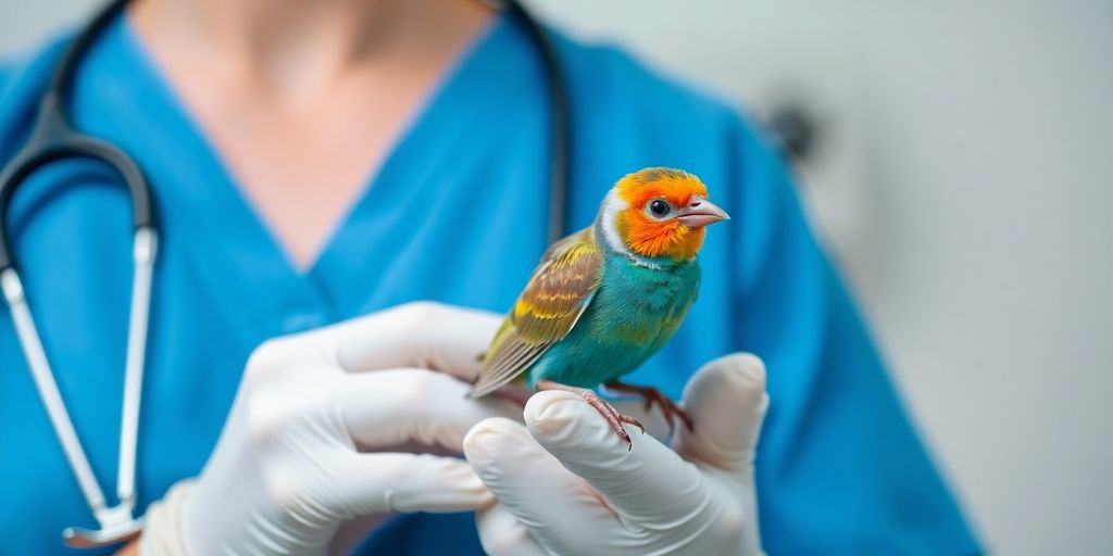 A caring vet gently examines a colourful parrot.