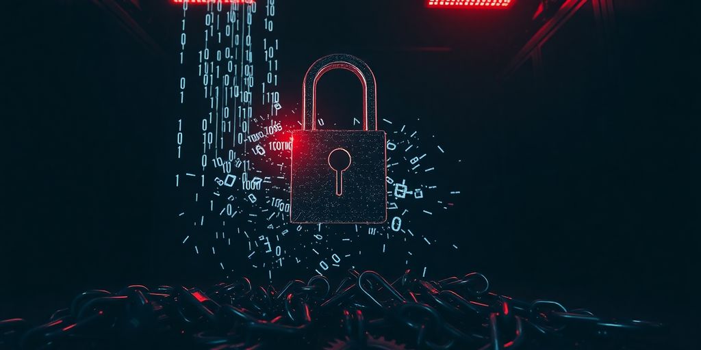 Salle de serveurs sombre avec verrou numérique fissuré, chaînes brisées