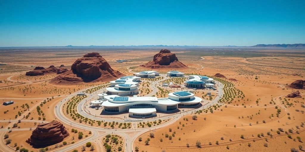 Futuristic smart city buildings in arid Arizona desert landscape.