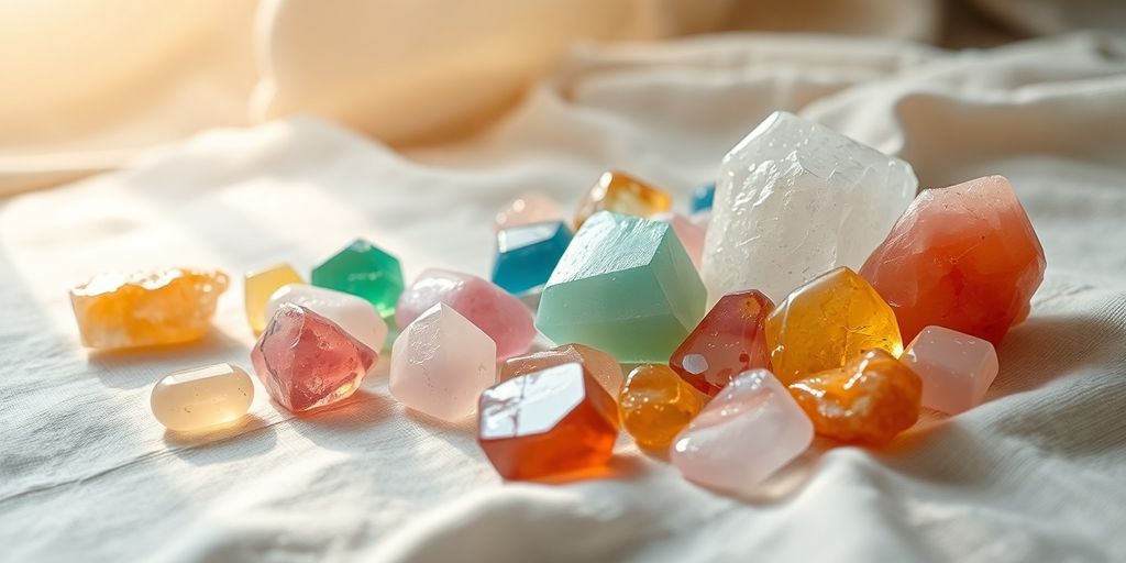 Cristalli colorati su un tessuto naturale.