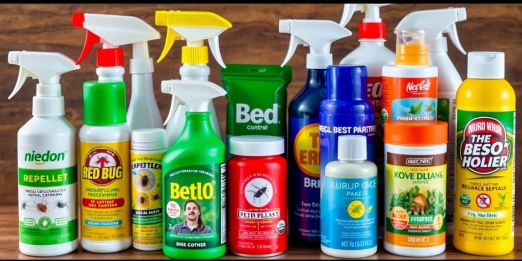 Various bed bug repellents on a wooden surface.