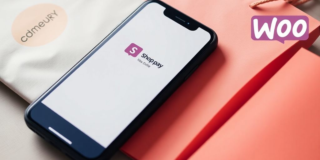 Smartphone with Shop Pay interface and shopping items.