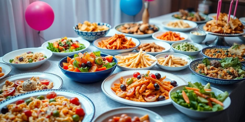 อาหารหลากหลายสำหรับงานเลี้ยงวันเกิด