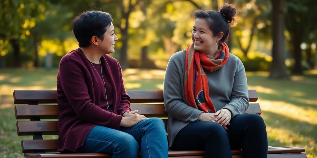 Two friends talking on a park bench in sunlight.