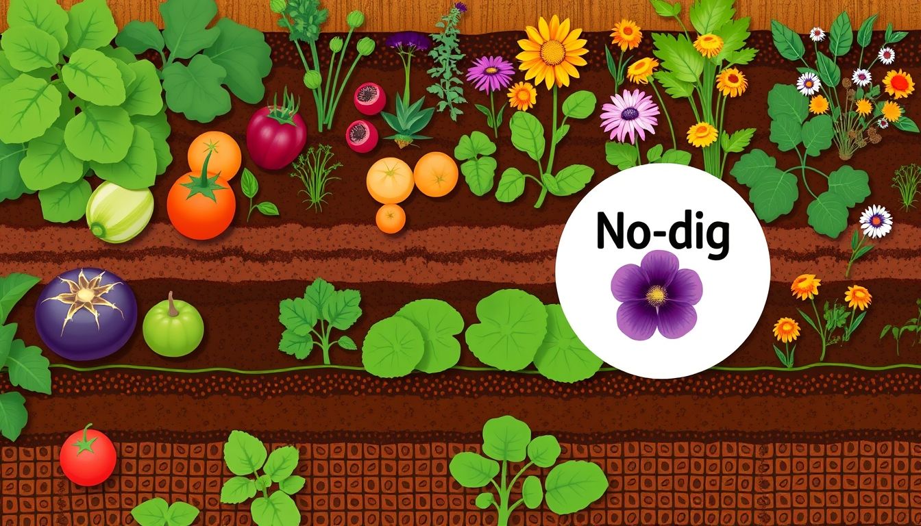Lush no-dig garden with vegetables and flowers