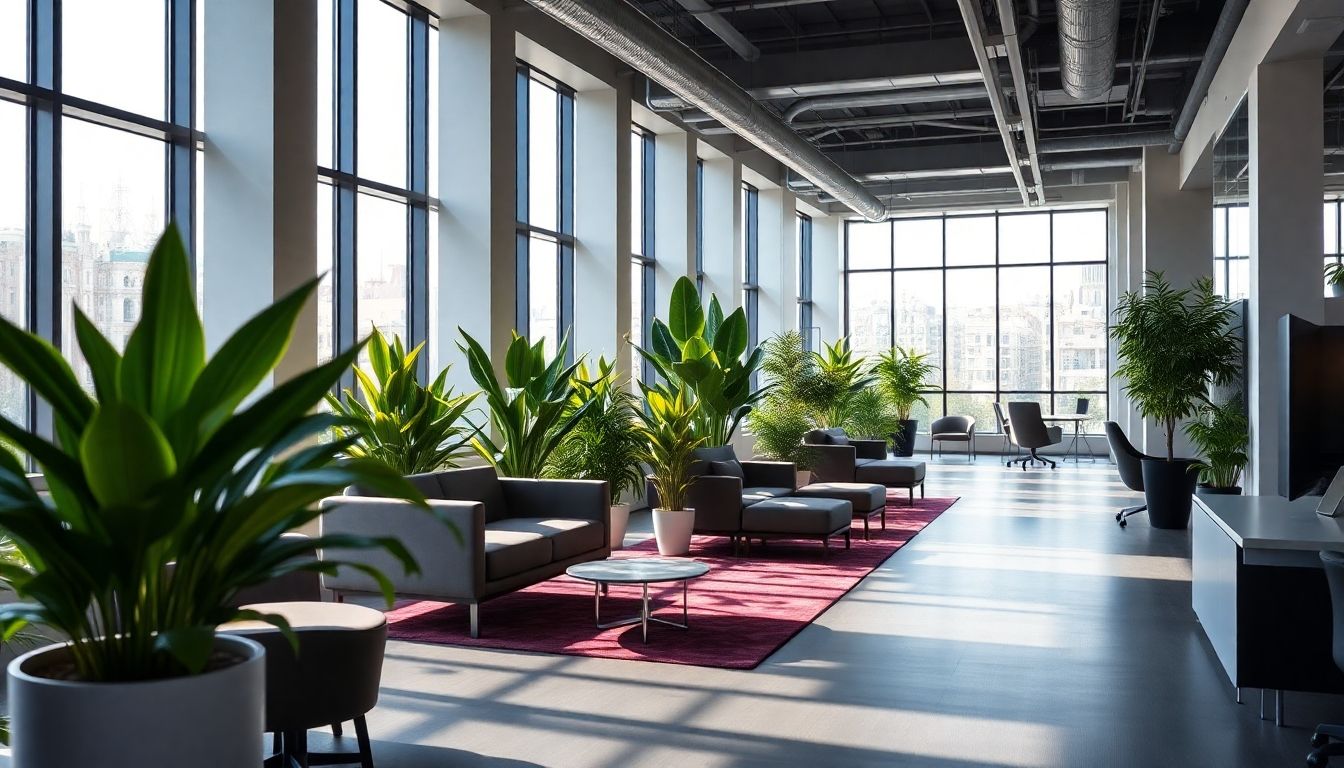 Modern office with sleek furniture and vibrant plants.