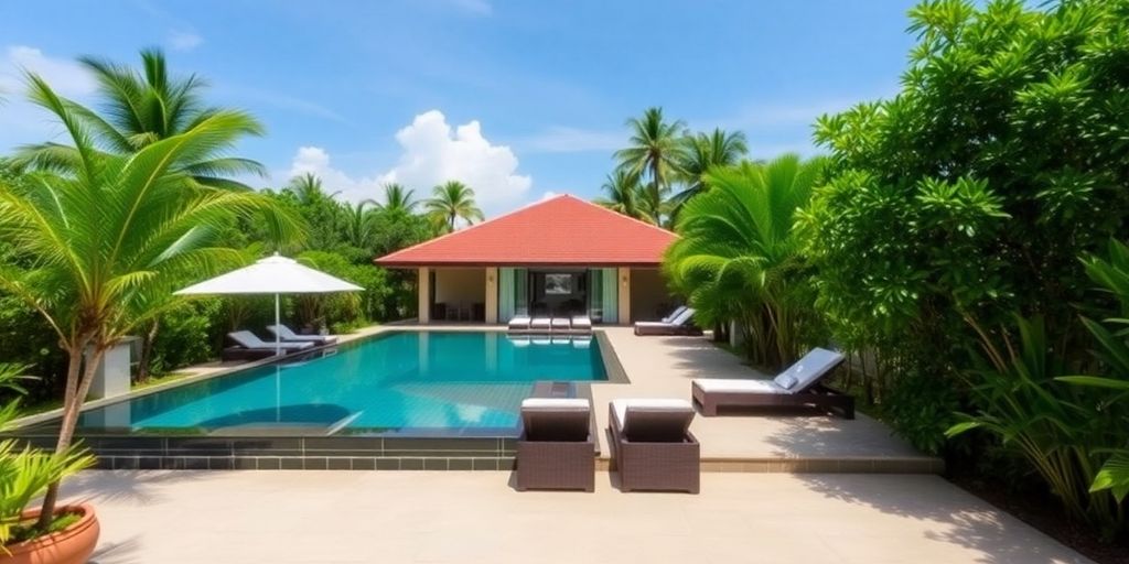 Beachfront villa in Phuket with lush surroundings and blue sky.