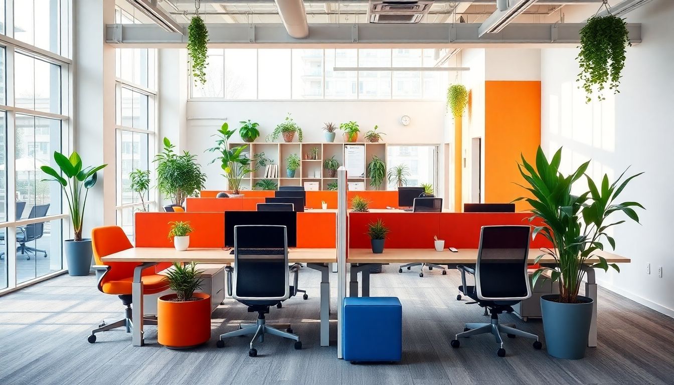 Modern office with ergonomic furniture and plants.