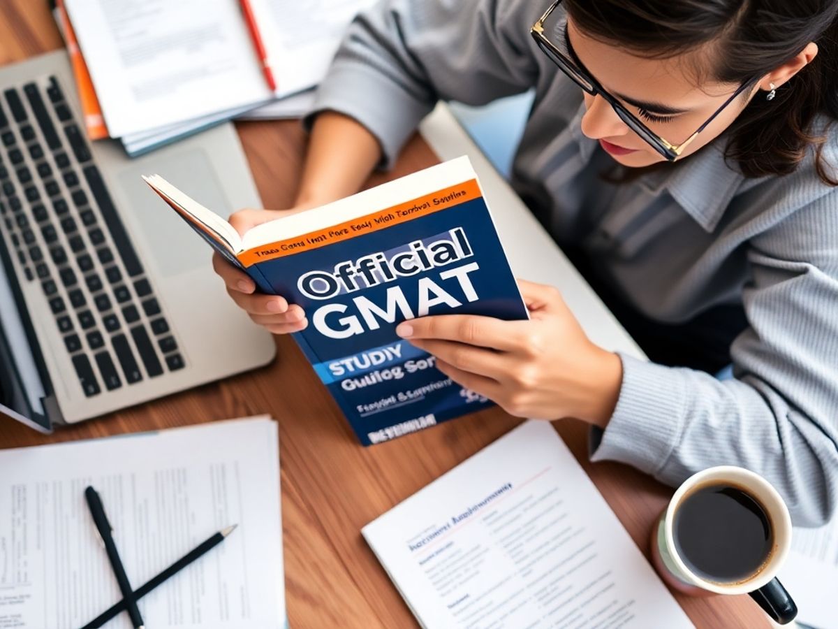 Student studying with GMAT Guide and study materials.