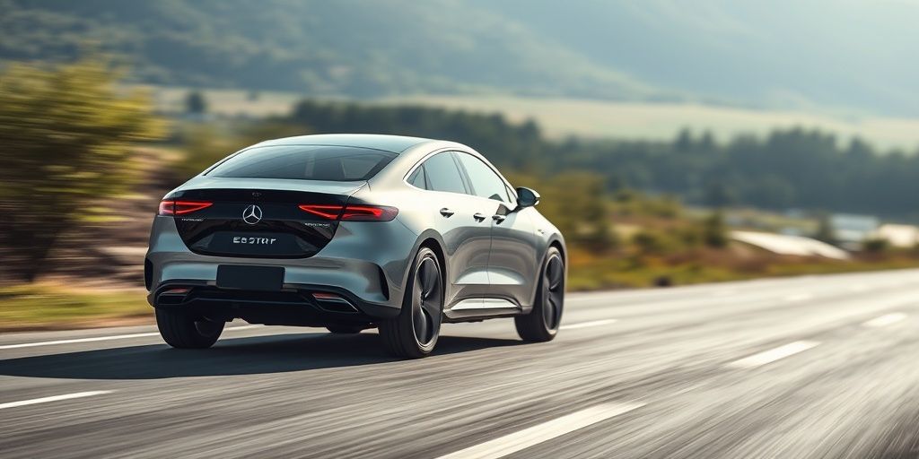 Mercedes EV with solid-state battery on a road.