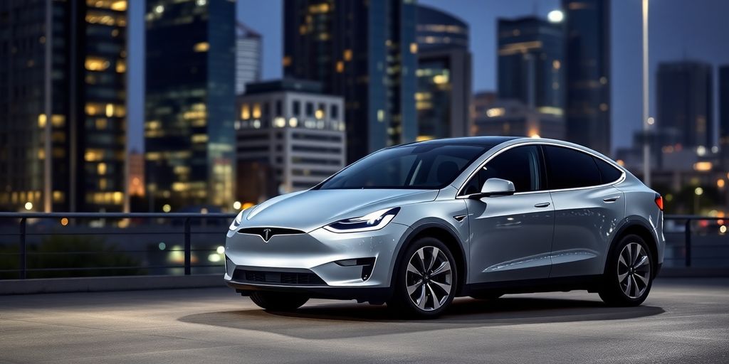 Tesla logo with a downward-pointing arrow overlaid.