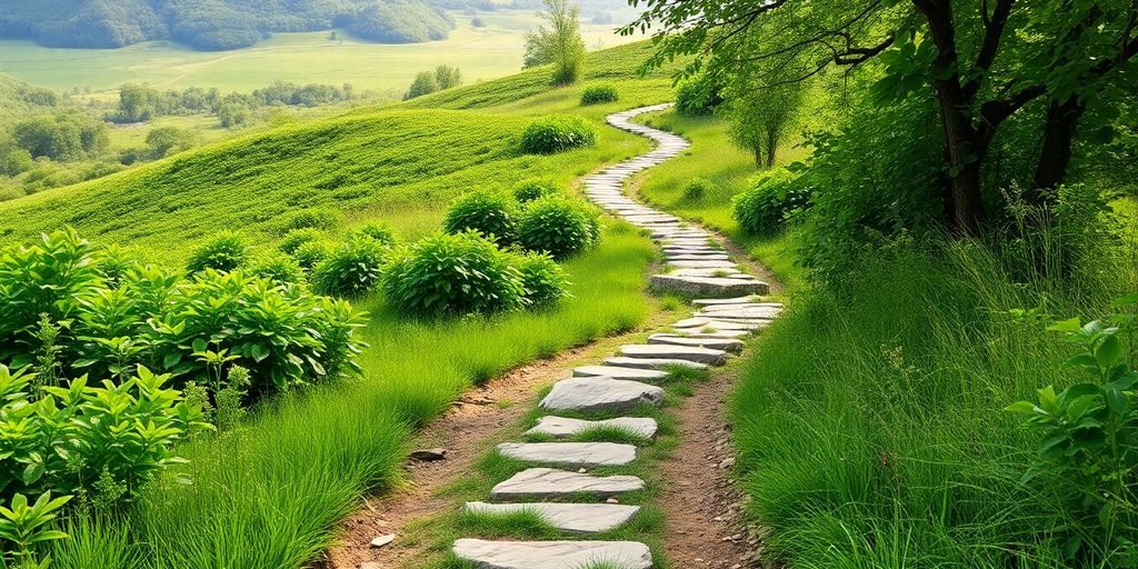A winding path through a green landscape.