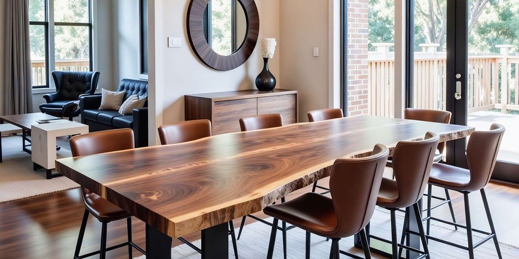 Modern dining area with a large wooden table and stylish chairs.
