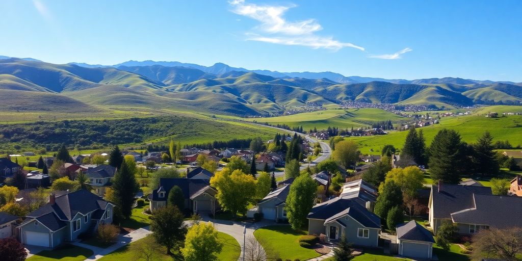 Cozy homes, small town, green trees, mountains, blue sky.