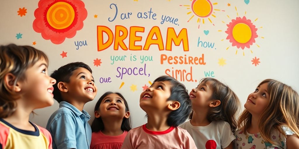 Children happily interacting with colorful motivational posters.