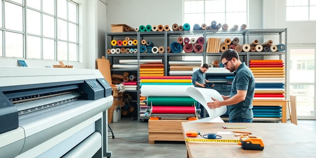 Workshop interior with large printer, colorful vinyl rolls, wooden workbench.