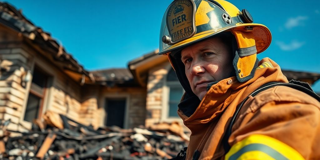 Firefighter assessing damage to a burned home.
