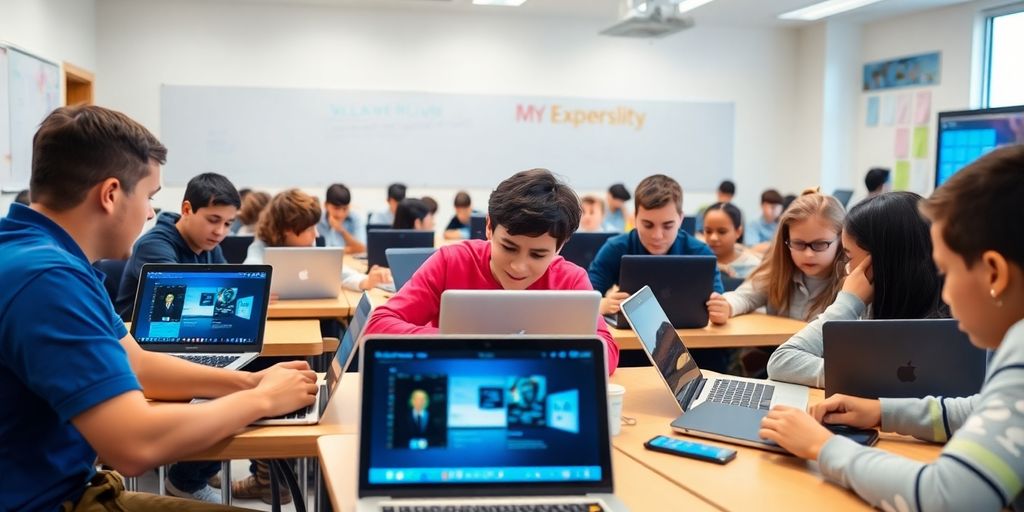 Students using technology in a vibrant classroom setting.